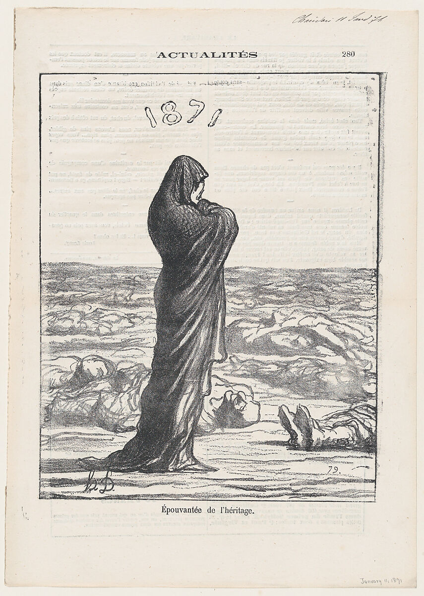Dismayed with her legacy, from 'News of the day,' published in Le Charivari, January 11, 1871, Honoré Daumier (French, Marseilles 1808–1879 Valmondois), Lithograph on newsprint; second state of three (Delteil) 