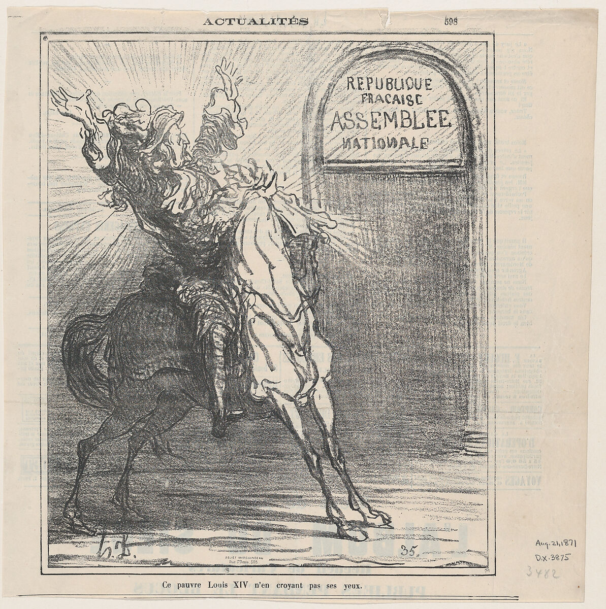 This poor King Louis XIV doesn't believe his eyes, from 'News of the day,' published in Le Charivari, August 21, 1871, Honoré Daumier (French, Marseilles 1808–1879 Valmondois), Lithograph on newsprint 