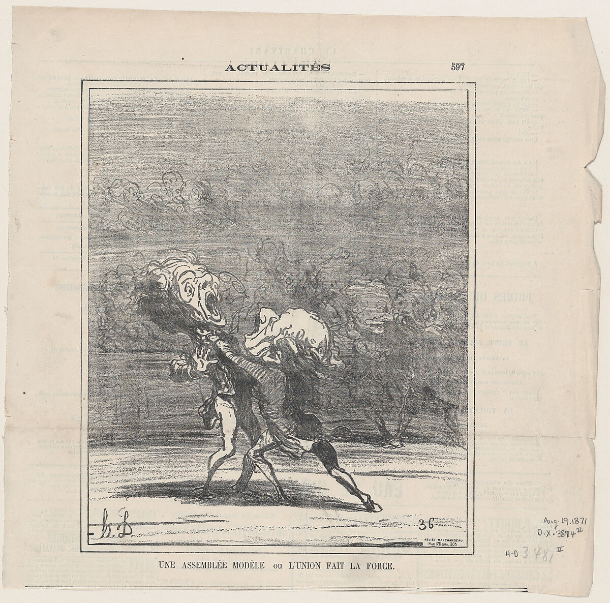 A model of an assembly or unity makes strength, from 'News of the day,' published in Le Charivari, August 19, 1871, Honoré Daumier (French, Marseilles 1808–1879 Valmondois), Lithograph on newsprint; second state of two (Delteil) 