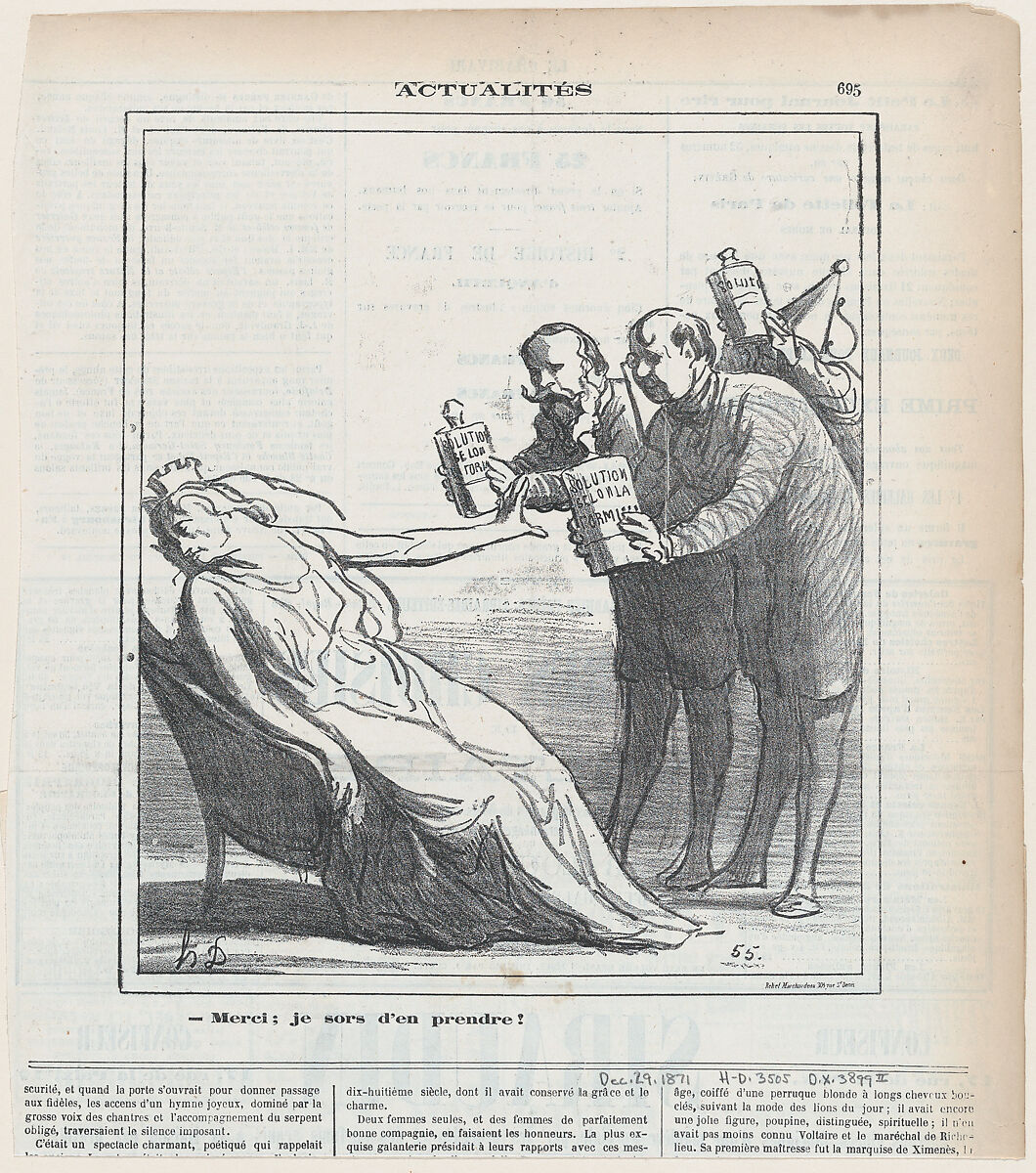 Thanks, I can do quite well without!, from 'News of the day,' published in Le Charivari, December 29, 1871, Honoré Daumier (French, Marseilles 1808–1879 Valmondois), Lithograph on newsprint; second state of two (Delteil) 