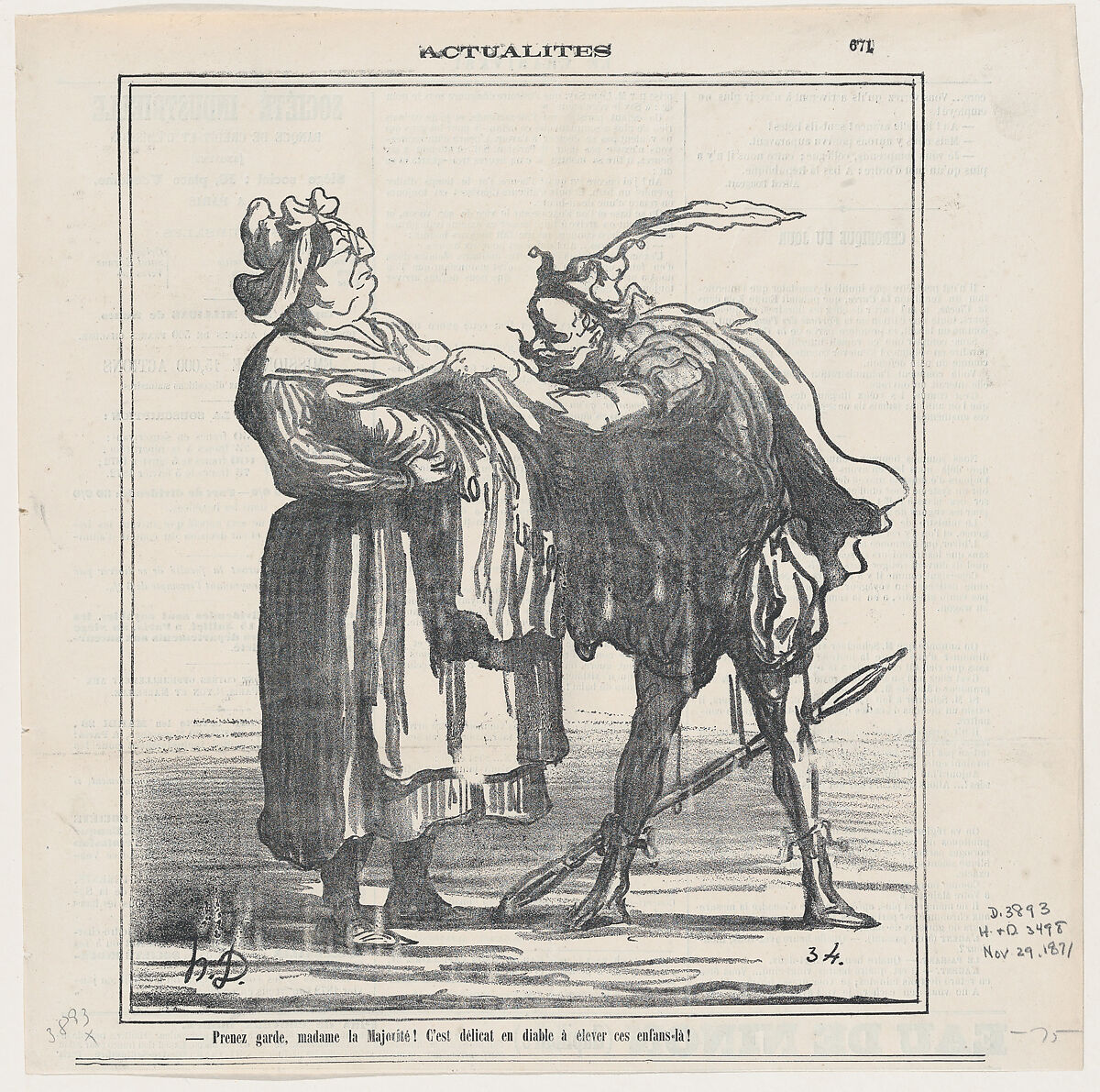 Beware Madam Majority! It is devilishly delicate to raise such a child!, from 'News of the day,' published in Le Charivari, November 29, 1871, Honoré Daumier (French, Marseilles 1808–1879 Valmondois), Lithograph on newsprint; second state of two (Delteil) 