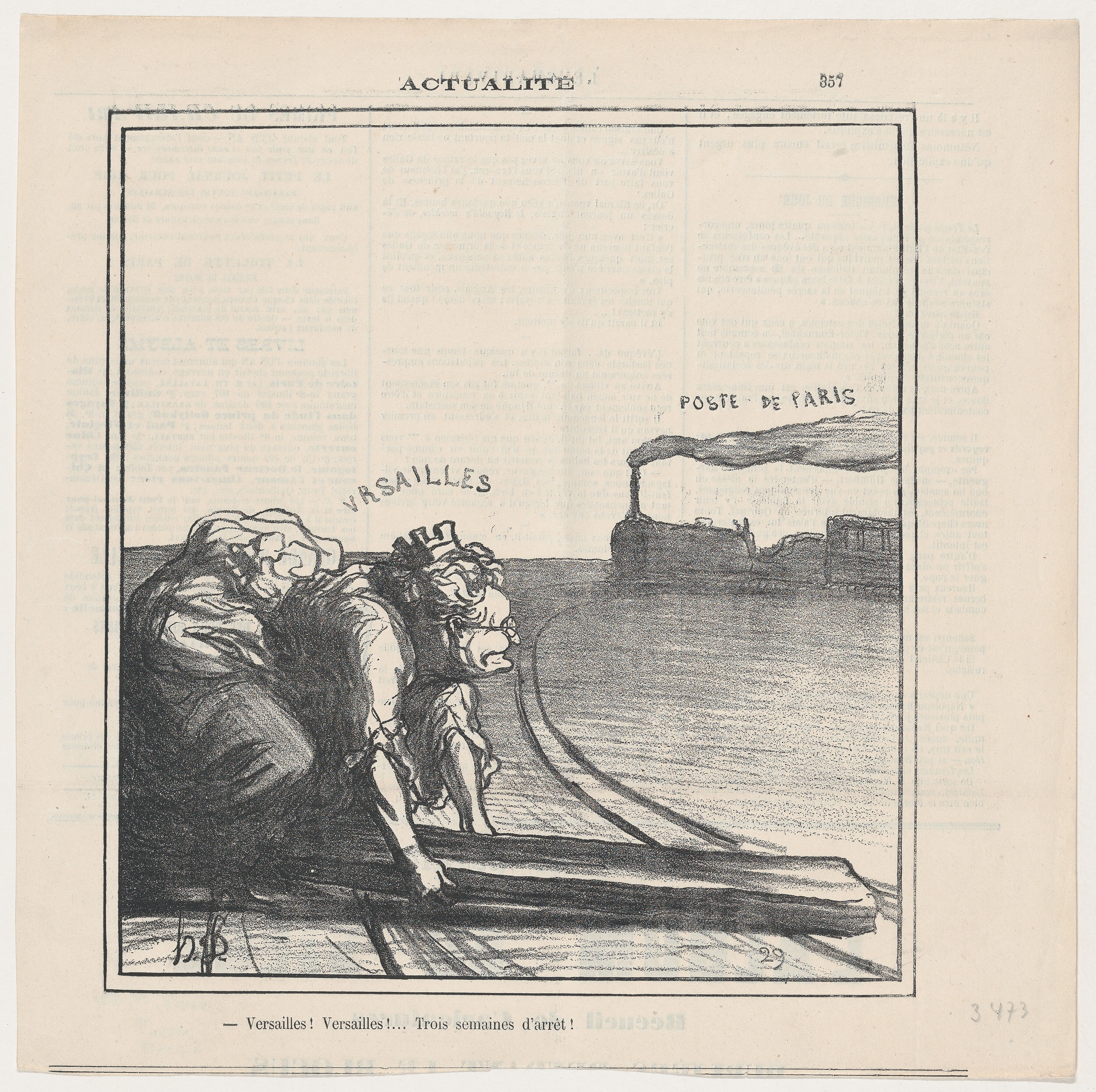 Versailles! Versailles!... Three weeks of interruption, from 'News of the day,' published in "Le Charivari", Honoré Daumier (French, Marseilles 1808–1879 Valmondois), Lithograph on newsprint; second state of two (Delteil) 