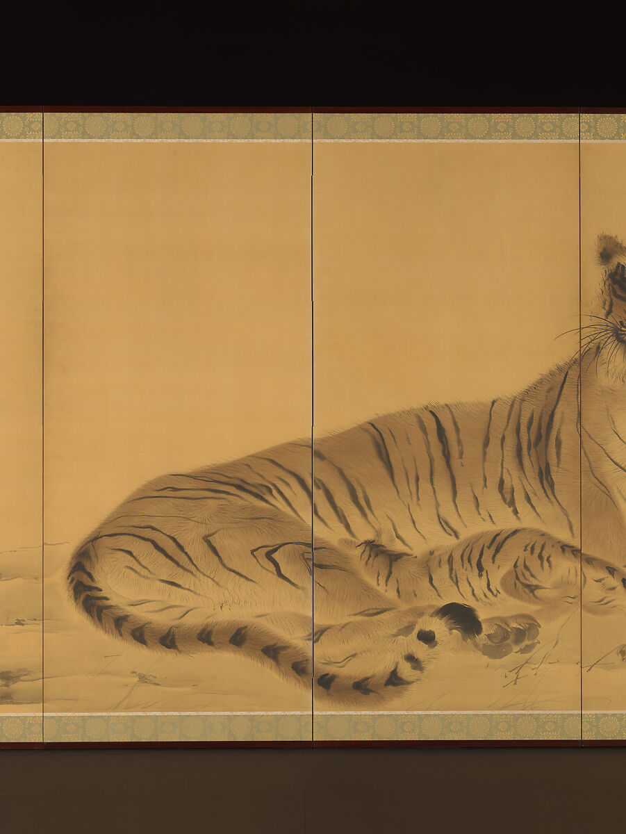 Tiger, Tigress and Cub, Kishi Chikudō (Japanese, 1826–1897), Pair of six-panel folding screens; ink and color on silk, Japan