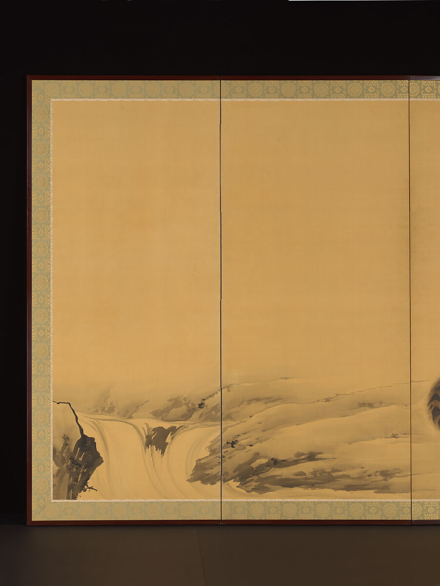 Tiger, Tigress and Cub, Kishi Chikudō (Japanese, 1826–1897), Pair of six-panel folding screens; ink and color on silk, Japan