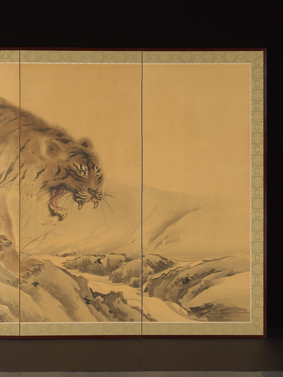 Tiger, Tigress and Cub, Kishi Chikudō (Japanese, 1826–1897), Pair of six-panel folding screens; ink and color on silk, Japan