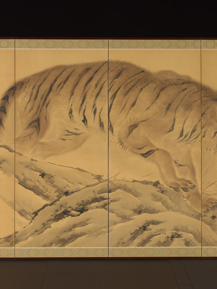 Tiger, Tigress and Cub, Kishi Chikudō (Japanese, 1826–1897), Pair of six-panel folding screens; ink and color on silk, Japan