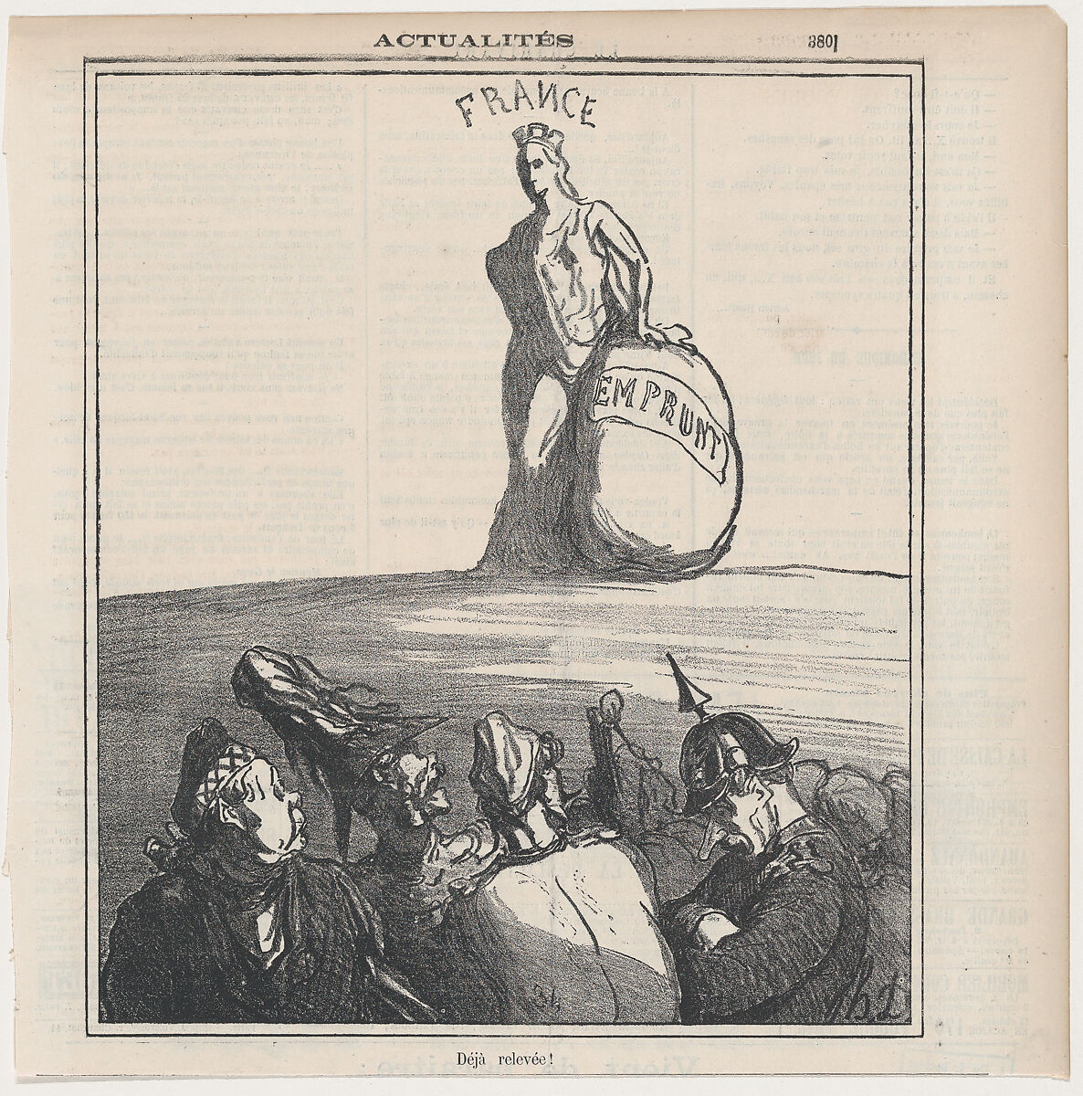 Already on her feet again!, from "News of the day", Honoré Daumier (French, Marseilles 1808–1879 Valmondois), Lithograph on newsprint; second state of two (Delteil) 