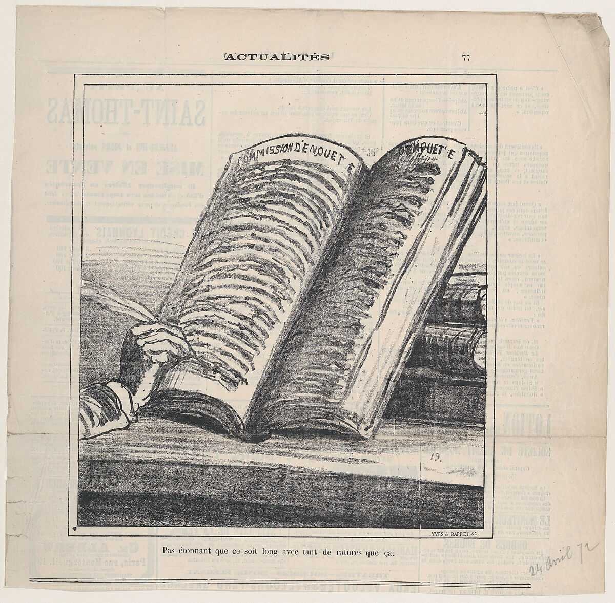 Not surprising that it will be long with all these erasures, from 'News of the day,' published in Le Charivari, April 24, 1872, Honoré Daumier (French, Marseilles 1808–1879 Valmondois), Lithograph on newsprint; second state of two (Delteil)