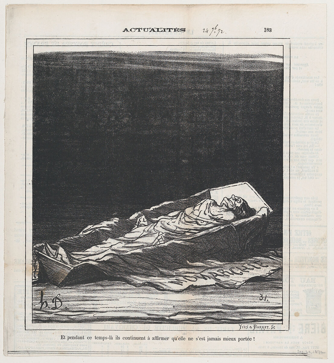 Meanwhile they keep on insisting that she has never been better!, from 'News of the day,' published in Le Charivari, September 24, 1872, Honoré Daumier (French, Marseilles 1808–1879 Valmondois), Lithograph on newsprint; second state of two (Delteil) 