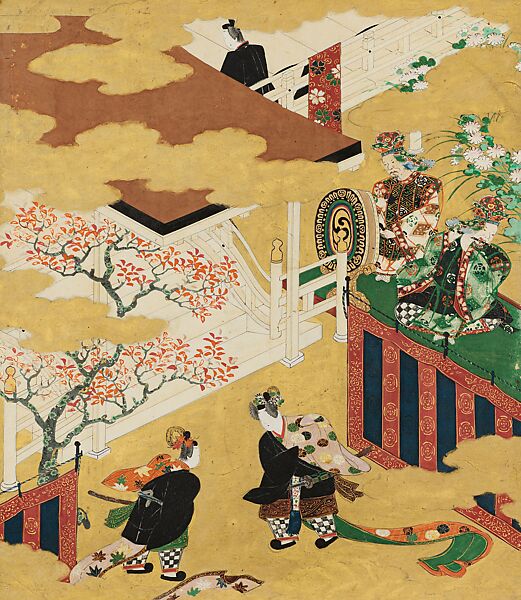 “An Imperial Celebration of Autumn Foliage” (Momiji no ga), Attributed to Tosa Mitsuyoshi (Japanese, 1539–1613), Album leaves mounted as a pair of hanging scrolls; ink, color, and gold on paper, Japan 