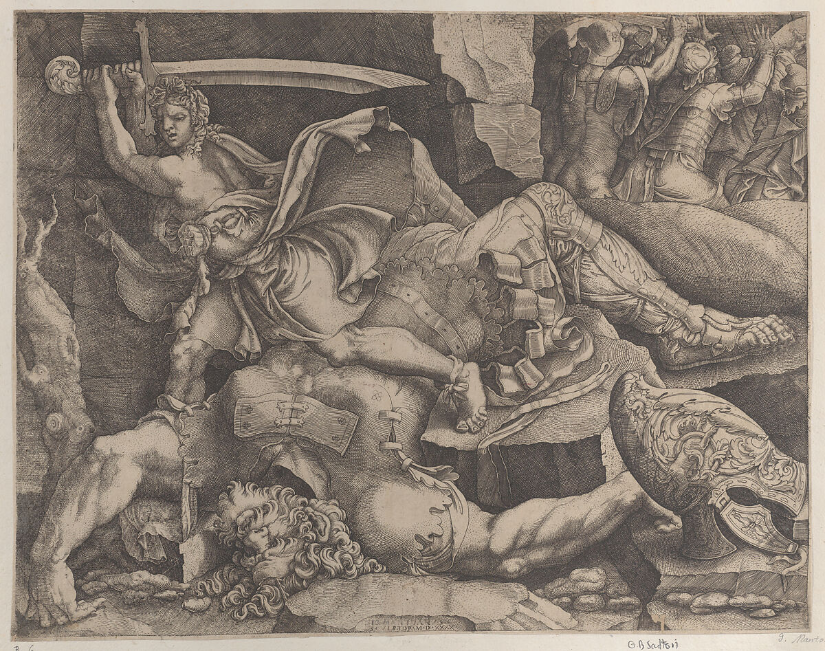 David about to decapitate Goliath, Giovanni Battista Scultori (Italian, 1503–1575), Engraving 