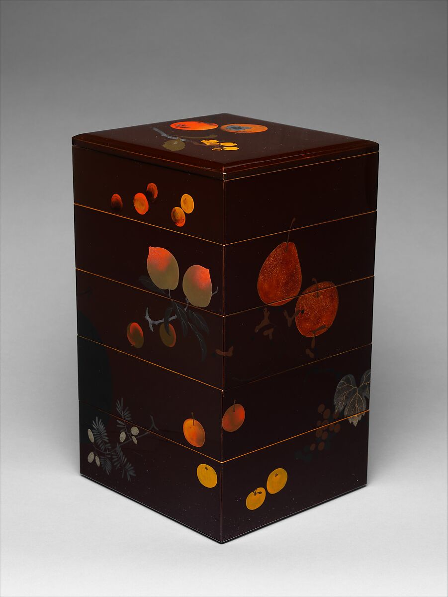 Tiered Food Box with Summer and Autumn Fruits, Shibata Zeshin (Japanese, 1807–1891), Brown lacquer with gold, silver, and colored lacquer maki-e, Japan