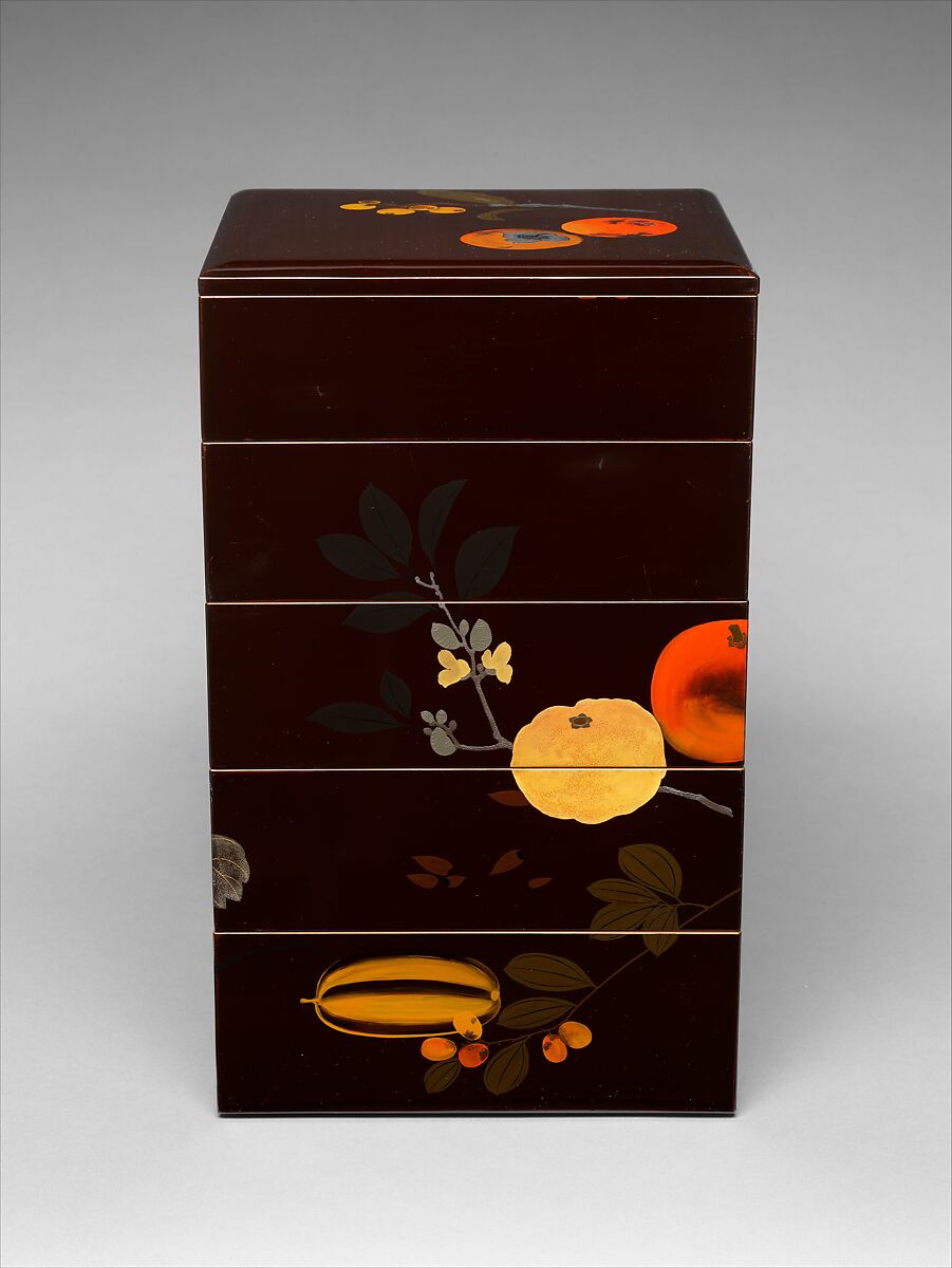 Tiered Food Box with Summer and Autumn Fruits, Shibata Zeshin (Japanese, 1807–1891), Brown lacquer with gold, silver, and colored lacquer maki-e, Japan