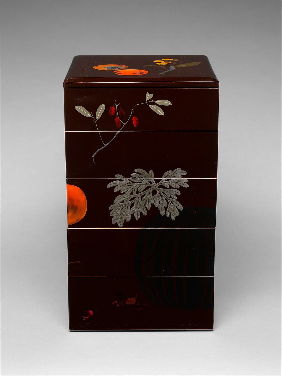 Tiered Food Box with Summer and Autumn Fruits, Shibata Zeshin (Japanese, 1807–1891), Brown lacquer with gold, silver, and colored lacquer maki-e, Japan