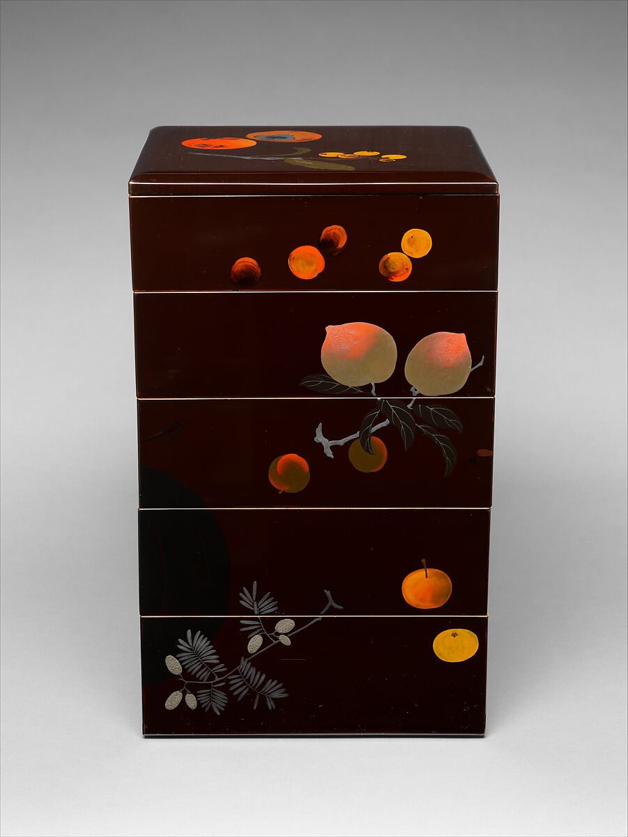 Tiered Food Box with Summer and Autumn Fruits, Shibata Zeshin (Japanese, 1807–1891), Brown lacquer with gold, silver, and colored lacquer maki-e, Japan
