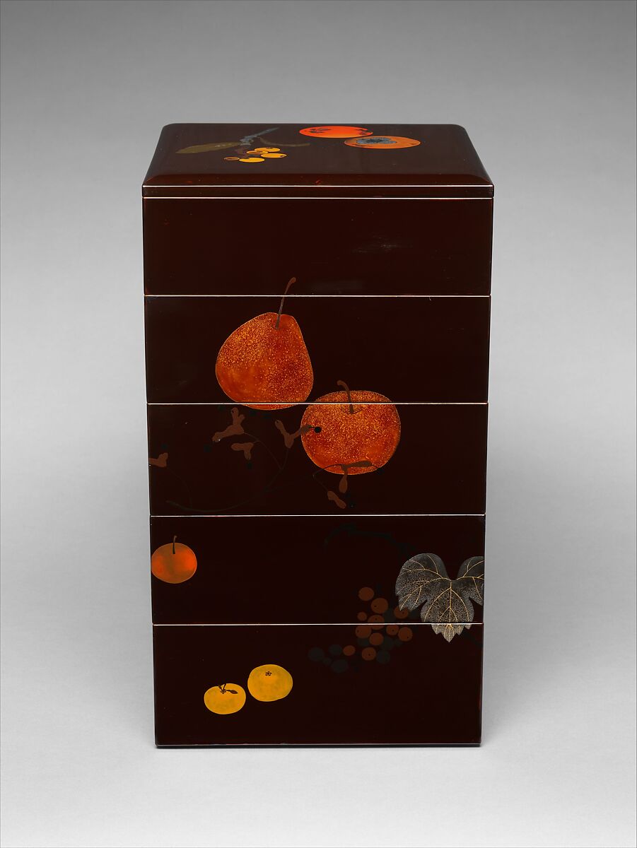 Tiered Food Box with Summer and Autumn Fruits, Shibata Zeshin (Japanese, 1807–1891), Brown lacquer with gold, silver, and colored lacquer maki-e, Japan