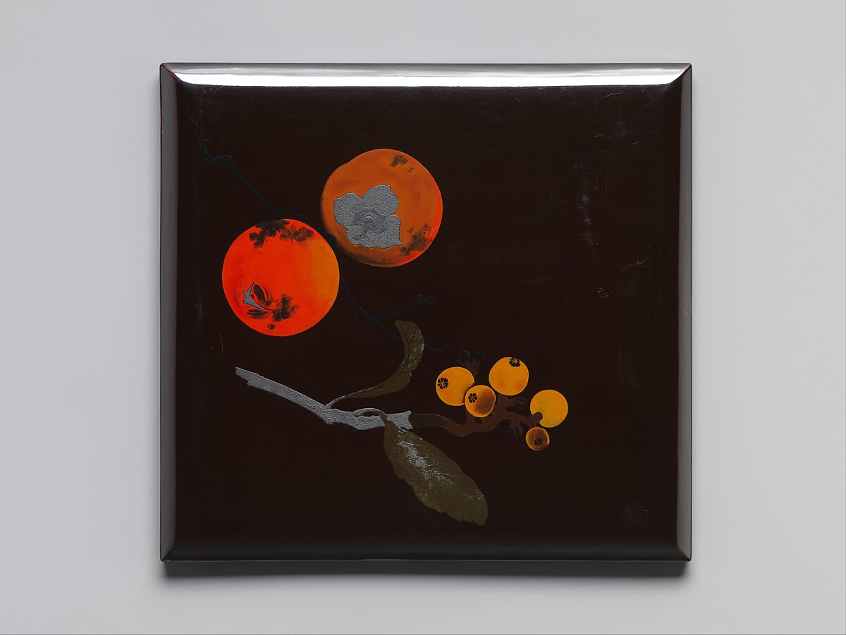 Tiered Food Box with Summer and Autumn Fruits, Shibata Zeshin (Japanese, 1807–1891), Brown lacquer with gold, silver, and colored lacquer maki-e, Japan