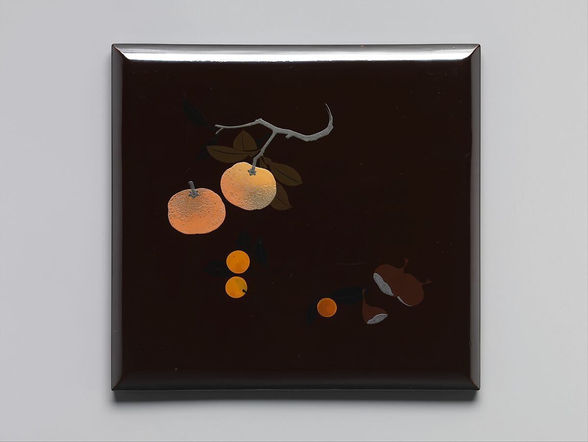 Tiered Food Box with Summer and Autumn Fruits, Shibata Zeshin (Japanese, 1807–1891), Brown lacquer with gold, silver, and colored lacquer maki-e, Japan