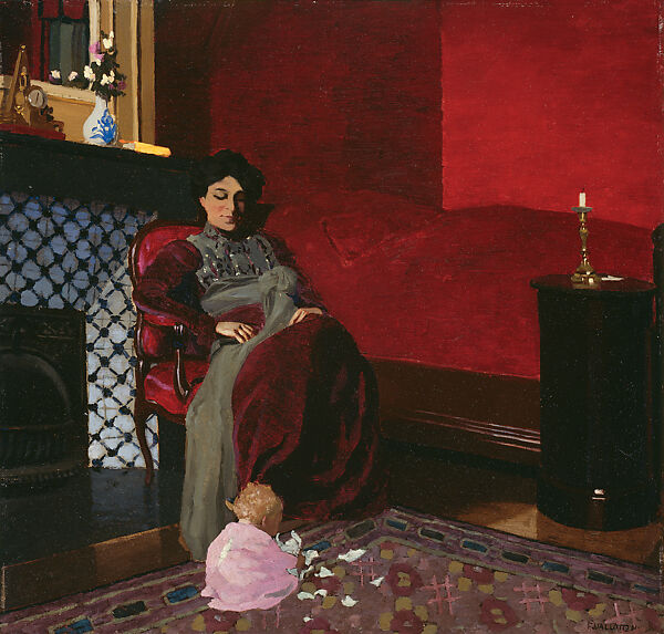 The Red Room, Etretat: Madame Vallotton and her Niece, Germaine Aghion (La chambre rouge, Etretat), Félix Vallotton (Swiss, Lausanne 1865–1925 Paris), Oil on cardboard 