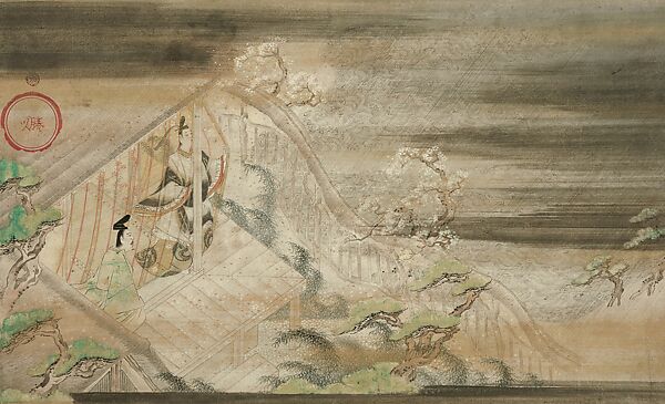 “Exile to Suma” (Suma), from Collection of Ancient Chinese and Japanese Stories (Wakan koji setsuwa zu), Iwasa Matabei (Japanese, 1578–1650), Section of a handscroll mounted as a hanging scroll; ink and color on paper, Japan 
