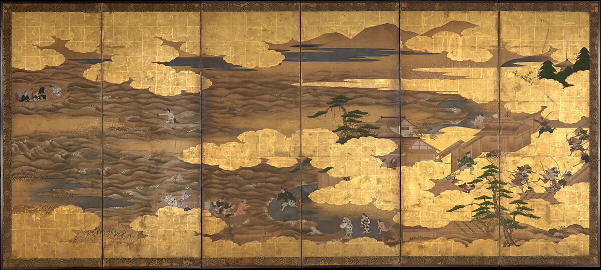 “Takebun,” from the Musical Drama “The New Piece” (“Shinkyoku”), Pair of six-panel folding screens; ink, color, gold and silver leaf on paper, Japan 