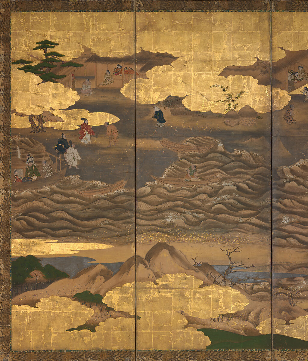 “Takebun,” from the Musical Drama “The New Piece” (Shinkyoku), Pair of six-panel folding screens; ink, color, gold and silver leaf on paper, Japan