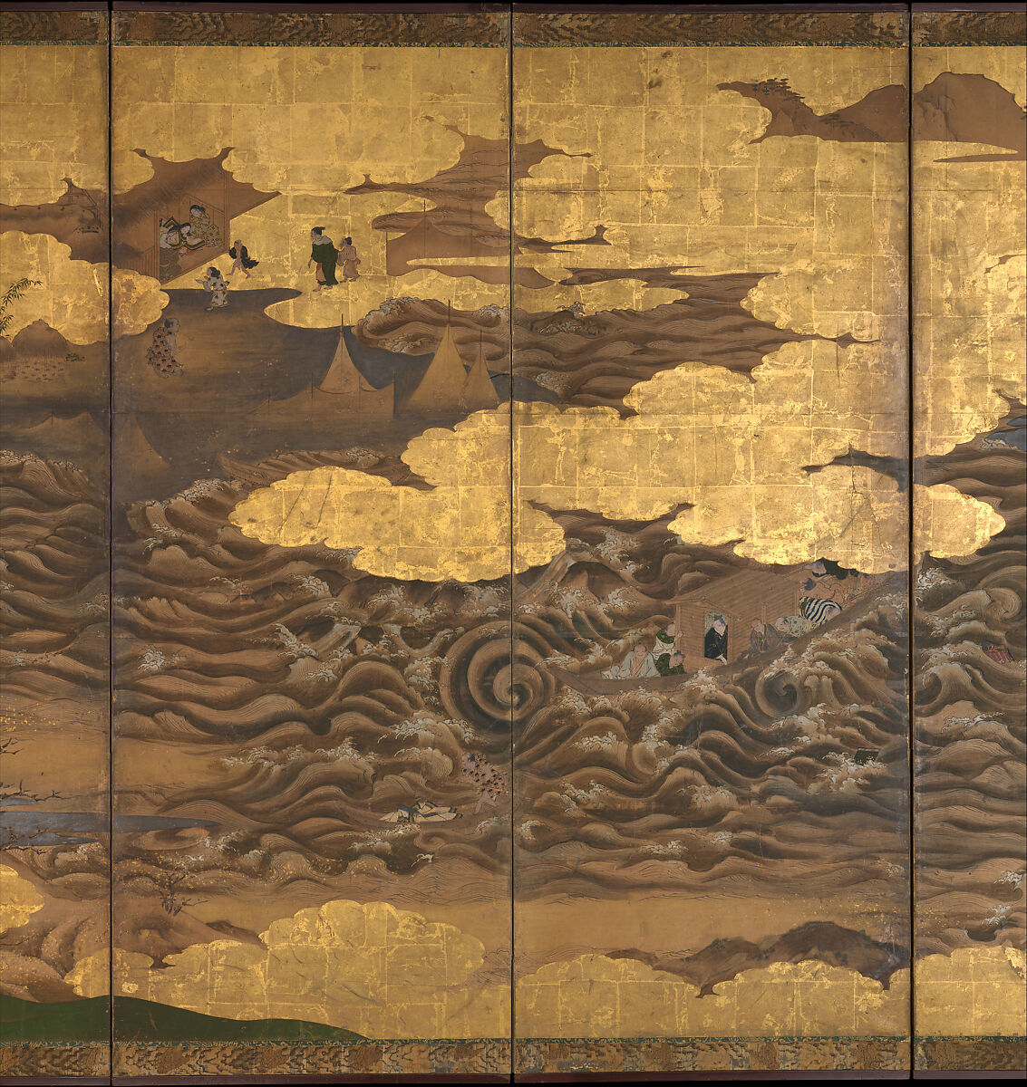 “Takebun,” from the Musical Drama “The New Piece” (Shinkyoku), Pair of six-panel folding screens; ink, color, gold and silver leaf on paper, Japan