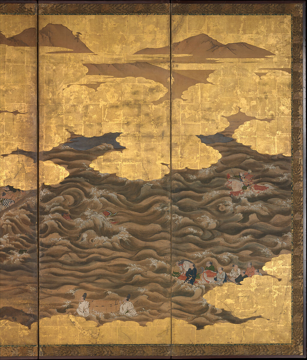 “Takebun,” from the Musical Drama “The New Piece” (Shinkyoku), Pair of six-panel folding screens; ink, color, gold and silver leaf on paper, Japan