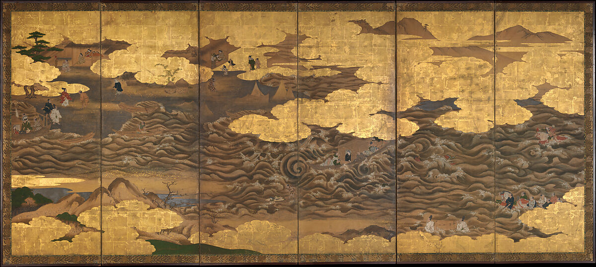 “Takebun,” from the Musical Drama “The New Piece” (Shinkyoku), Pair of six-panel folding screens; ink, color, gold and silver leaf on paper, Japan