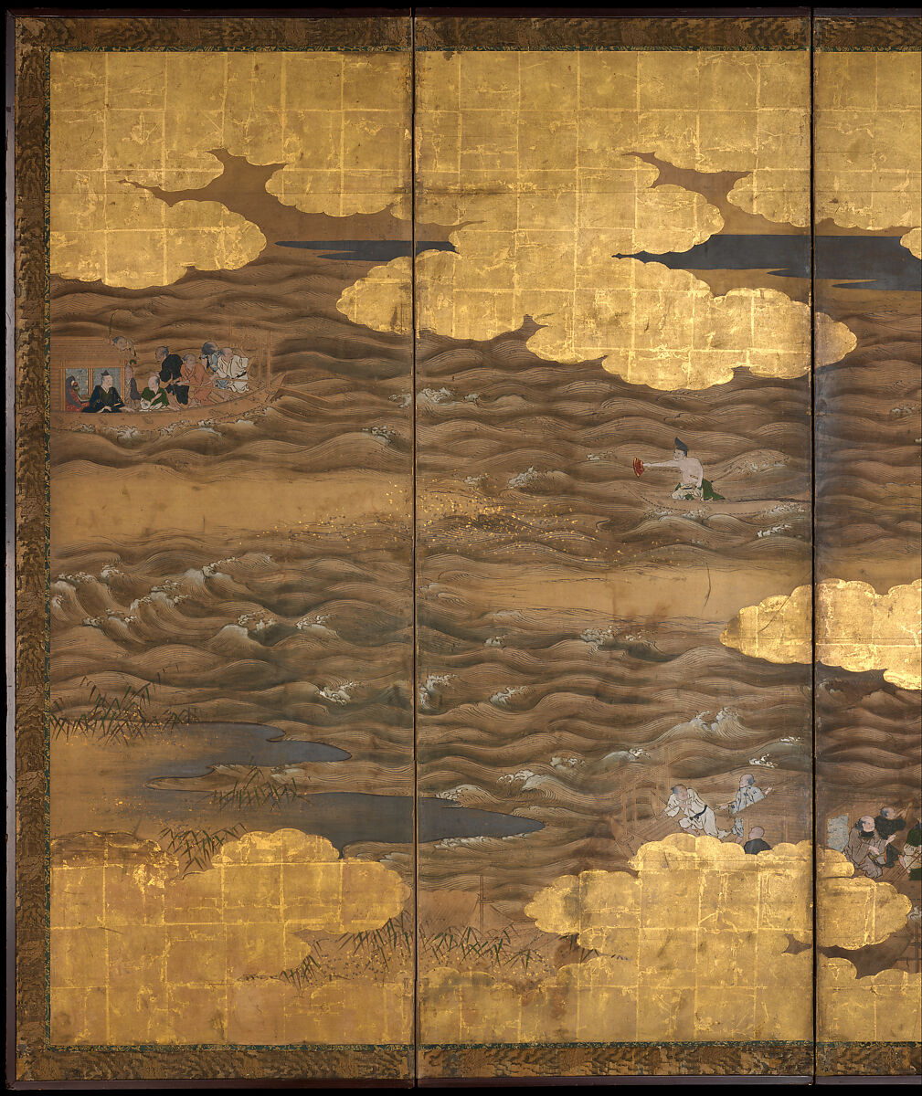 “Takebun,” from the Musical Drama “The New Piece” (Shinkyoku), Pair of six-panel folding screens; ink, color, gold and silver leaf on paper, Japan