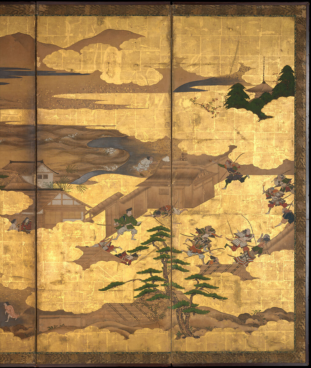 “Takebun,” from the Musical Drama “The New Piece” (Shinkyoku), Pair of six-panel folding screens; ink, color, gold and silver leaf on paper, Japan