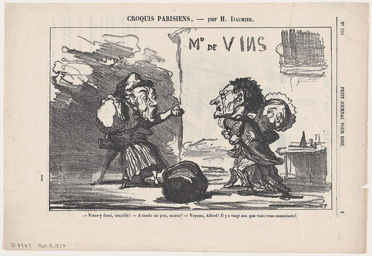 –Come on, you scoundrel, come on! –Just you wait, you crook! –Oh come on Alfred, after all you've known each other for some twenty years!, from 'Parisian sketches,' published in Le Petit Journal pour Rire, March 8, 1874, Honoré Daumier (French, Marseilles 1808–1879 Valmondois), Lithograph on newsprint; third state of three 