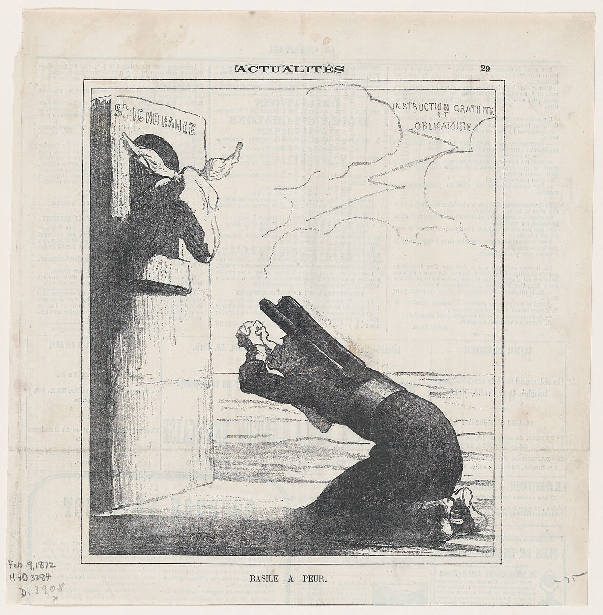 Basile in fear, from 'News of the day,' published in Le Charivari, February 9, 1872, Honoré Daumier (French, Marseilles 1808–1879 Valmondois), Lithograph on newsprint; second state of two (Delteil) 