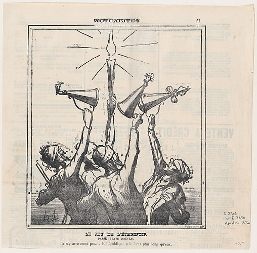 The game with the candle extinguisher, A new pastime: They won't be able to reach it .... the Republic's arms are longer than theirs, from 'News of the day,' published in Le Charivari, April 1-2, 1872