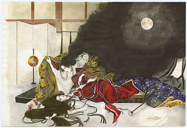 The wandering spirit of Lady Rokujō, Genji’s neglected lover, attacking his first wife, Lady Aoi, from the manga series The Tale of Genji: Dreams at Dawn (Genji monogatari: Asaki yumemishi), Yamato Waki (Japanese, born 1948), Matted painting; ink and color on paper, Japan 