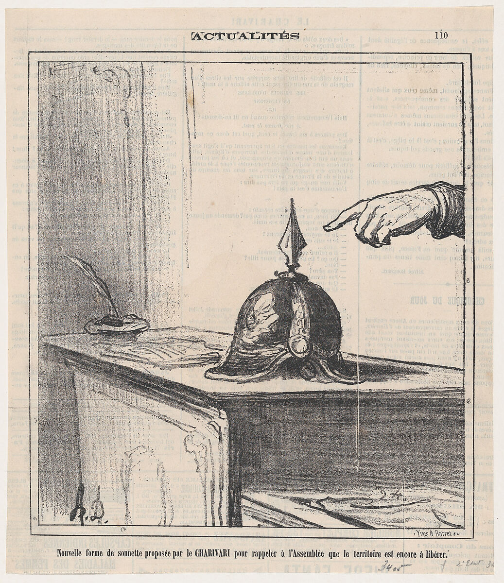 The Charivari is proposing a new kind of bell which should remind the Assembly that some of the territories still need to be liberated, from 'News of the day,' published in "Le Charivari", Honoré Daumier (French, Marseilles 1808–1879 Valmondois), Lithograph on newsprint; second state of two (Delteil) 