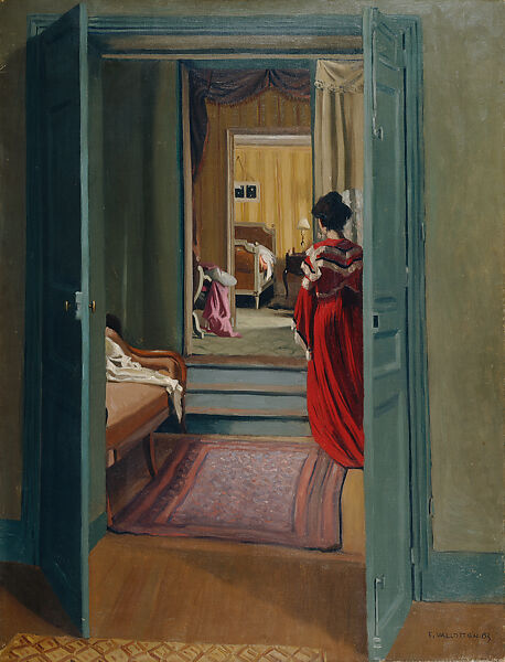 Interior with Woman in Red Seen from Behind (Intérieur avec femme en rouge de dos), Félix Vallotton (Swiss, Lausanne 1865–1925 Paris), Oil on canvas 