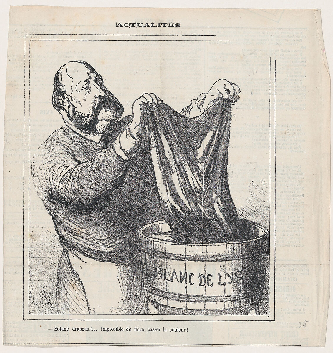 Damned flag! Impossible to get rid of the color, from 'News of the day,' published in "Le Charivari", Honoré Daumier (French, Marseilles 1808–1879 Valmondois), Lithograph on newsprint; second state of two (Delteil) 