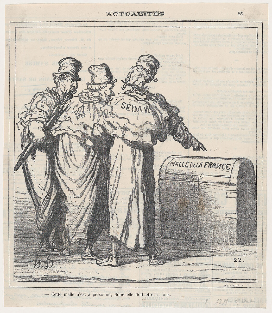 This trunk belongs no one, so it must be ours!, from 'News of the day,' published in "Le Charivari", Honoré Daumier (French, Marseilles 1808–1879 Valmondois), Lithograph on newsprint; second state of two (Delteil) 