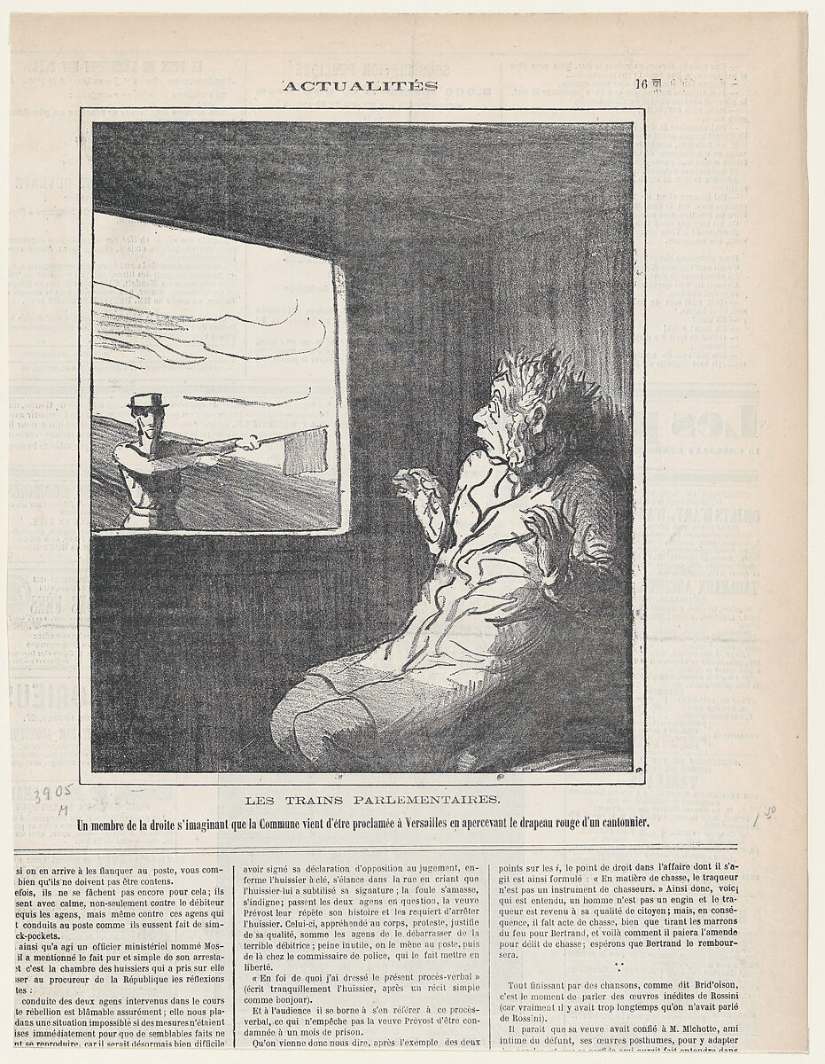 The parliamentary trains: A right wing deputy is shocked by the sight of the red flag of the signal-man, assuming that the Commune has been proclaimed at Versailles, from 'News of the day,' published in Le Charivari, January 22, 1872, Honoré Daumier (French, Marseilles 1808–1879 Valmondois), Lithograph on newsprint; second state of two (Delteil) 
