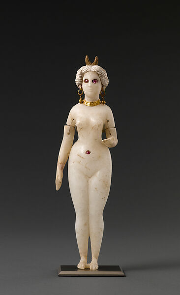 Statuette of standing nude goddess, Alabaster, stucco, gold, rubies 