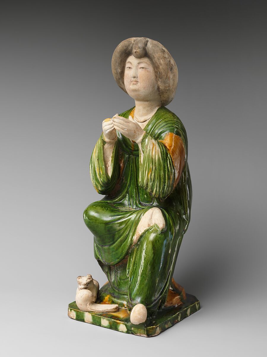 Seated court lady, Earthenware with tri-color (sancai) glaze, China 