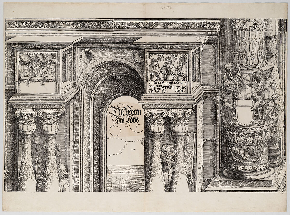 The Arch in the Entryway of the Left Portal (Die Porten des Lobs); and the Outer Left Column of the Central Portal, from the Arch of Honor, proof, dated 1515, printed 1517-18, Hans Springinklee (German, ca. 1495–after 1522), Woodcut and letterpress 