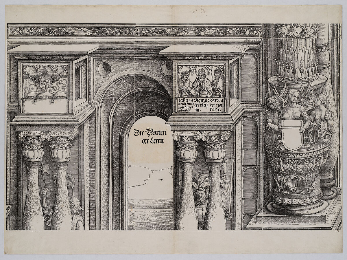 The Arch in the Entryway of the Left Portal (Die Porten des Lobs); and the Outer Left Column of the Central Portal, from the Arch of Honor, proof, dated 1515, printed 1517-18, Hans Springinklee (German, ca. 1495–after 1522), Woodcut and letterpress