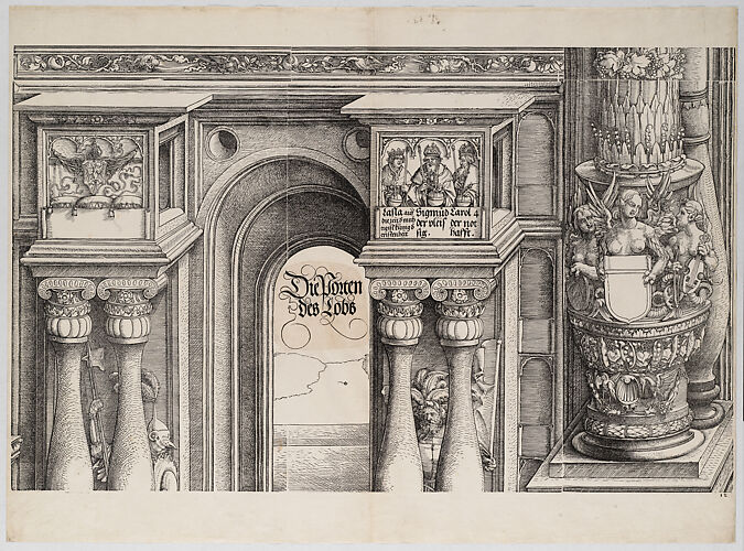 The Arch in the Entryway of the Left Portal (Die Porten des Lobs); and the Outer Left Column of the Central Portal, from the Arch of Honor, proof, dated 1515, printed 1517-18