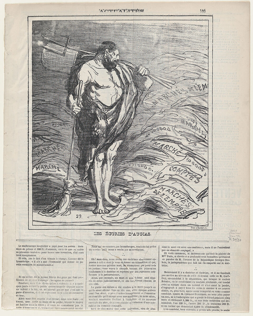 The Augeian stables, from 'News of the day,' published in Le Charivari, June 3, 1872, Honoré Daumier (French, Marseilles 1808–1879 Valmondois), Lithograph on newsprint; second state of two (Delteil) 