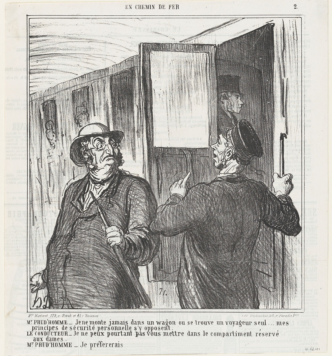 Mr. Prudhomme: I shall never get into a compartment alone with a single traveler... principles of personal safety are contrary to that, from 'On the train,' published in Le Charivari, August 18, 1864, Honoré Daumier (French, Marseilles 1808–1879 Valmondois), Lithograph on newsprint; second state of two (Delteil) 