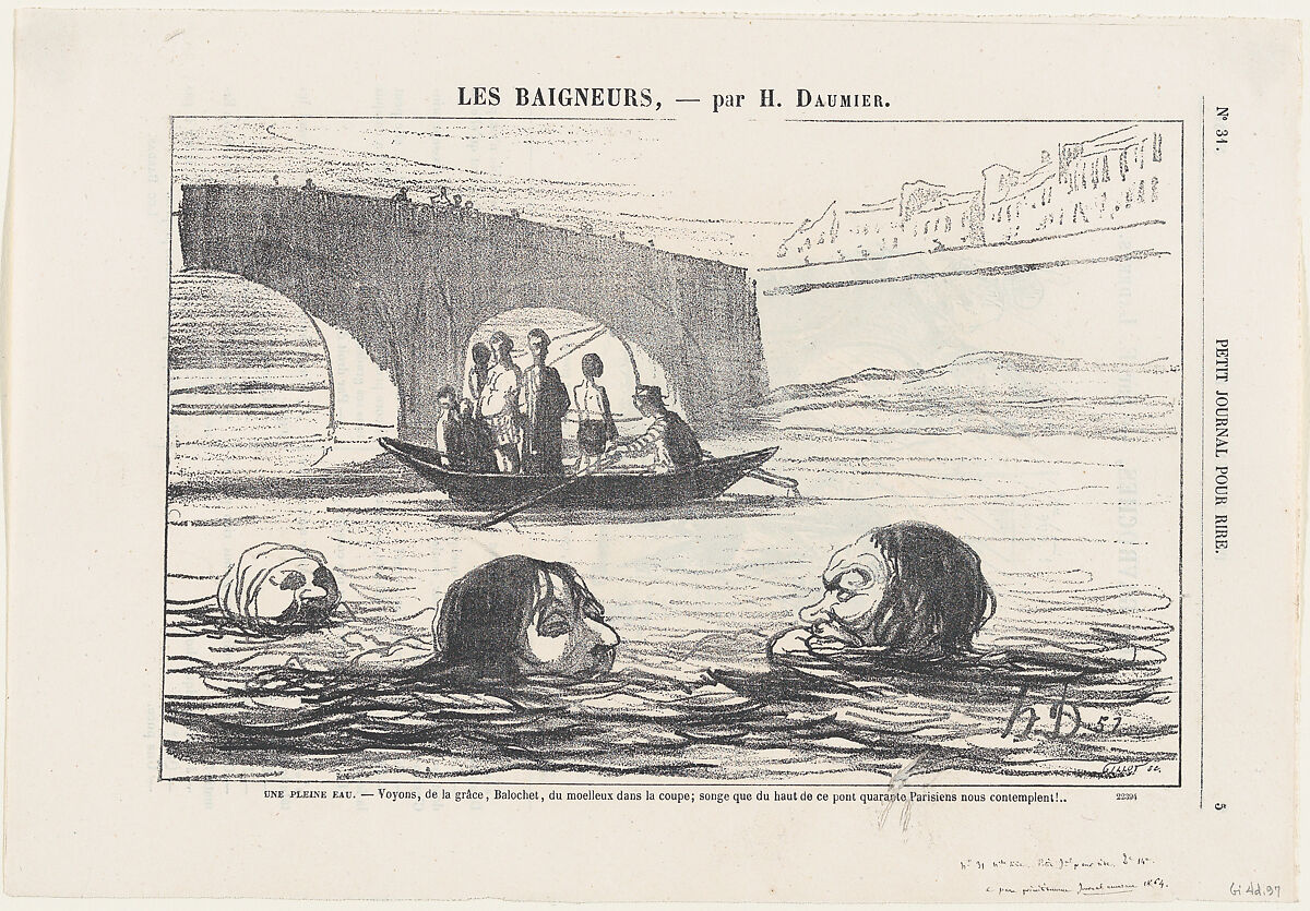 In the middle of the river: Come on, Balochet, give it a push!... You mustn't forget that some forty Parisians are watching us from the bridge up there!, from 'The bathers,' published in Le Petit Journal pour Rire, July 30, 1864, Honoré Daumier (French, Marseilles 1808–1879 Valmondois), Lithograph on newsprint; third state of three (Deltiel) 