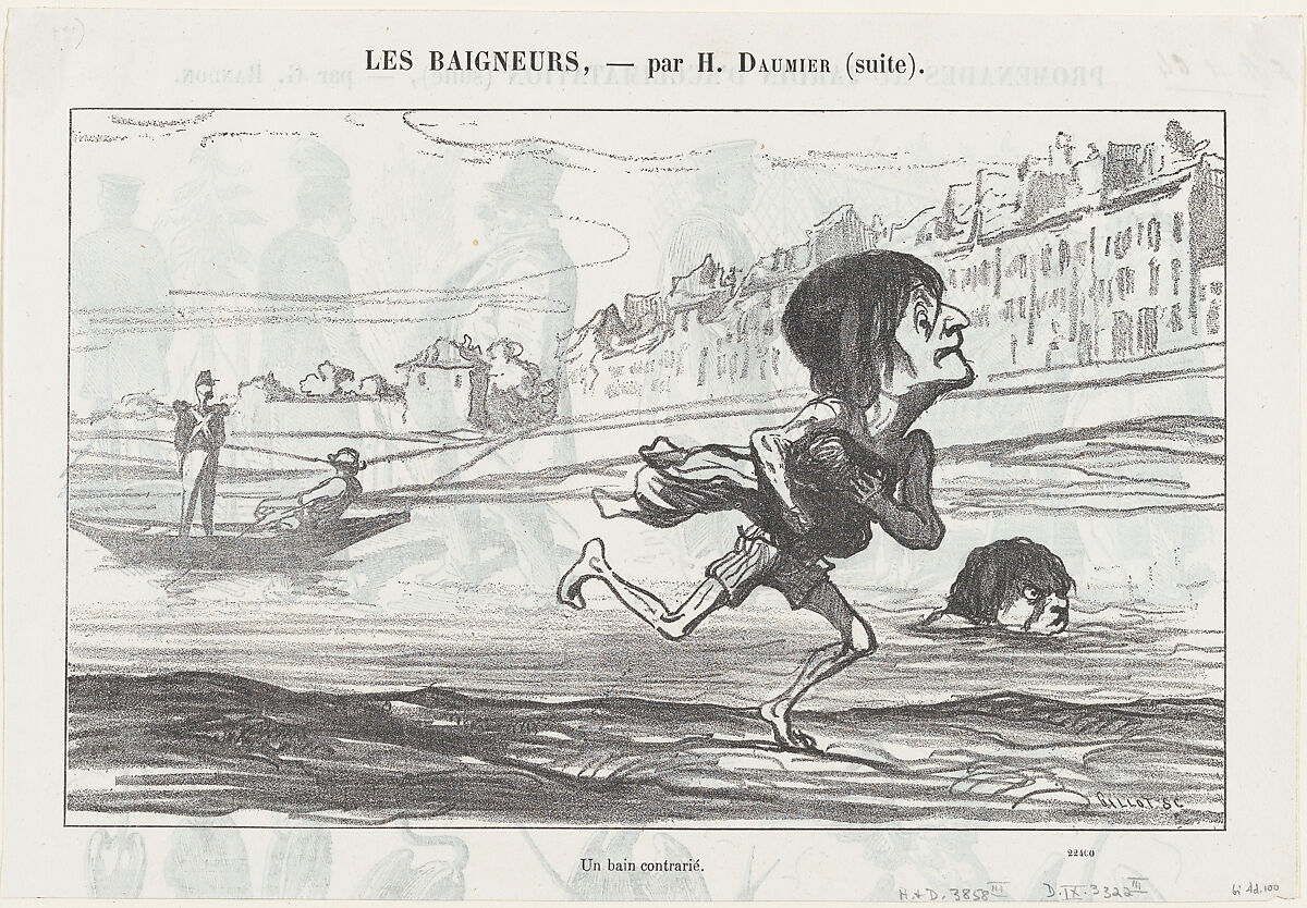 A forbidden swimming pleasure, from 'The bathers,' published in Le Petit Journal pour Rire, August 6, 1864, Honoré Daumier (French, Marseilles 1808–1879 Valmondois), Lithograph on newsprint; third state of three (Deltiel) 