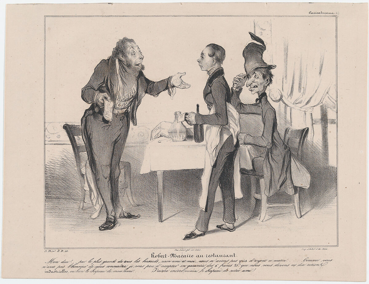 Plate 19: Robert Macaire at the restaurant, from 'Caricaturana,' published in Les Robert Macaires, Honoré Daumier (French, Marseilles 1808–1879 Valmondois), Lithograph on wove paper; fourth state of four (Delteil) 